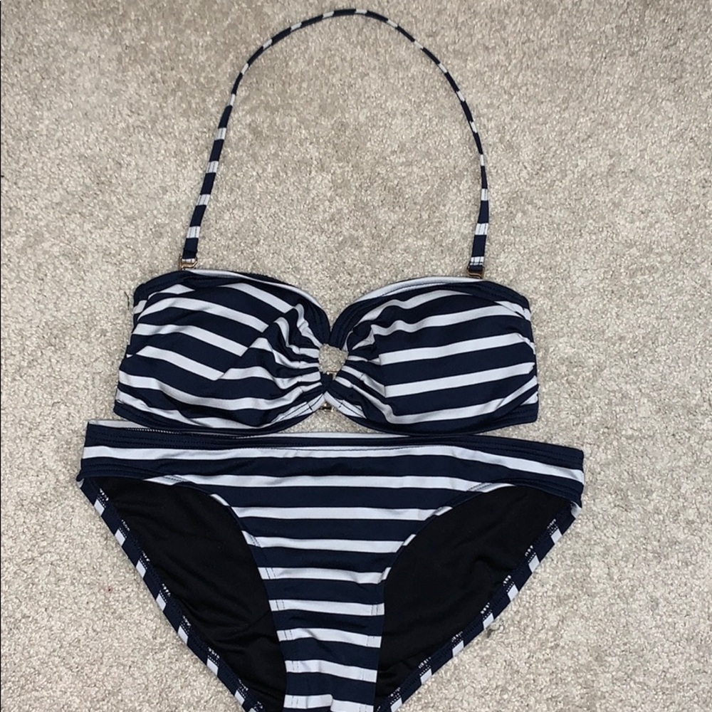 michael kors navy and white striped bikini set